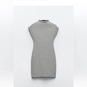 Gray and Black Striped Mini Dress with Mock Neck